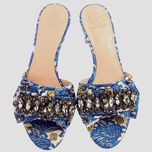 Tory Burch - "Valentina" Bow Slide Sandal Metallic Floral Brocade Women's Size 8